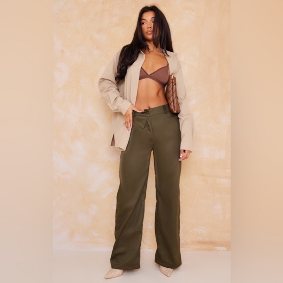 Pretty Little Thing Wide Leg Pants Size 6 New With Tags Olive Green - Picture 1 of 7